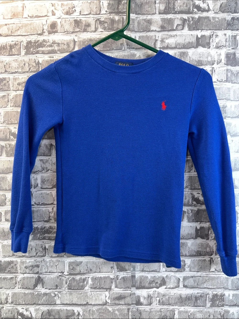 Polo by Ralph Lauren Boys' Cobalt Blue Long Sleeve Waffle Knit Tee with Red Pony
